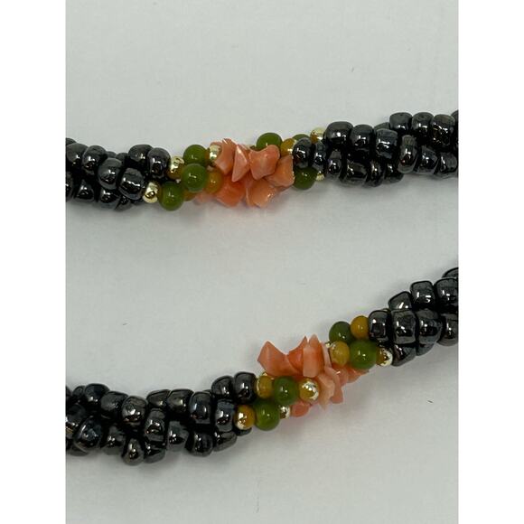 American Vintage Jewelry Necklace 70s Multistrand Hematite Twist Coral Flowers - Picture 4 of 7